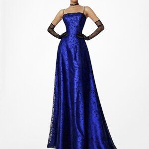 Vintage Y2K 90s Black Blue Velvet Mesh Glitter Fit Flared Maxi Prom Dress Size M